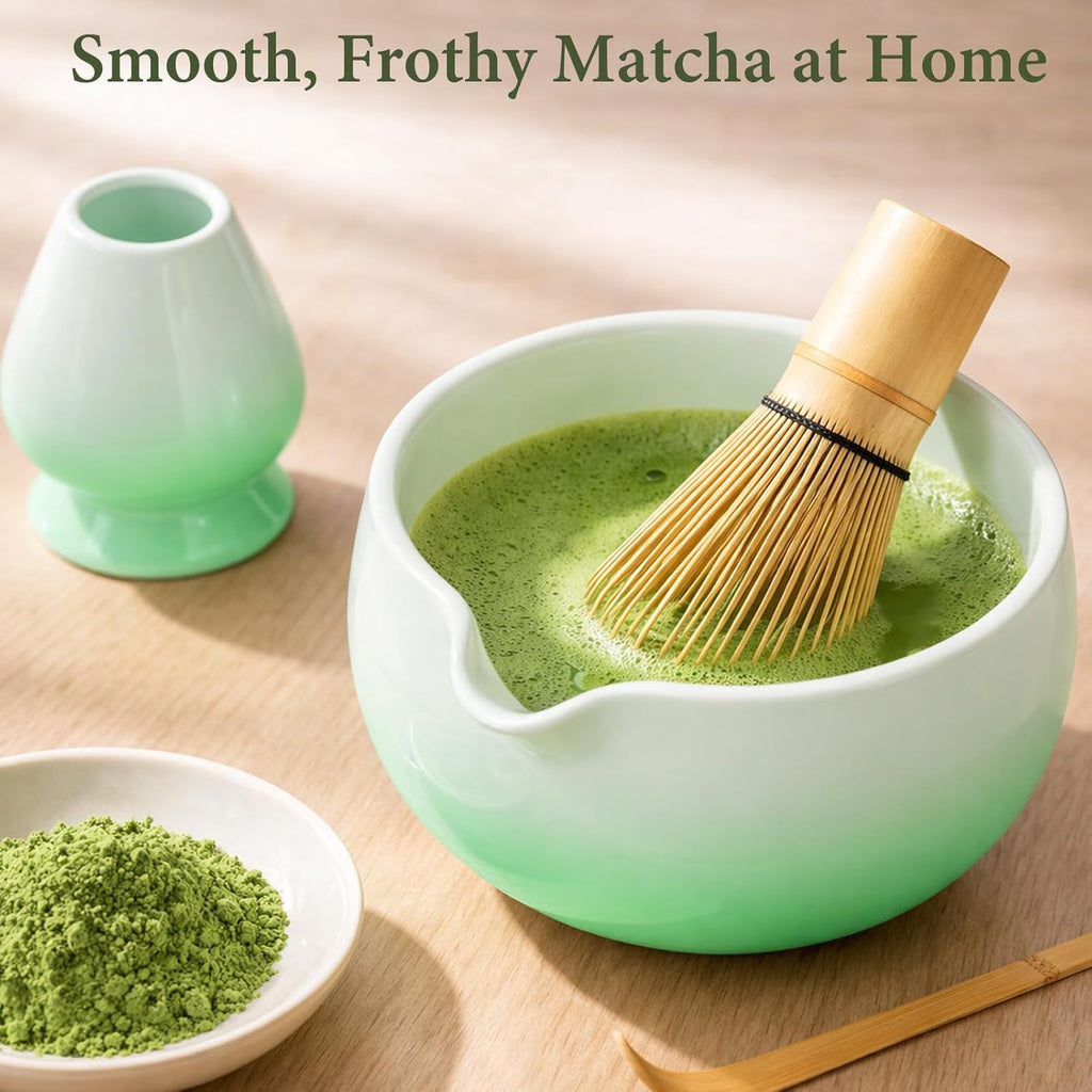 Skiennix Matcha Whisk Set - Complete 6PCS Ceramic Kit with Bowl, Bamboo Whisk, Scoop & Sifter (Green)