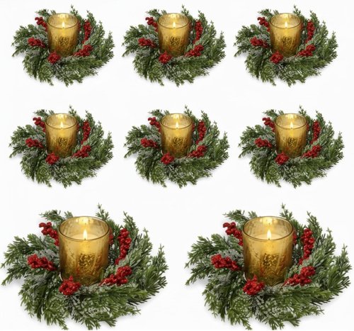 Cinnvoice Christmas Candle Rings - 8 Pcs Artificial Garland with Red Berries for Table Decor | Cypress