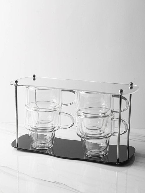 NIRA.Z 4 Pack Double Wall Glass Coffee Mugs 10 OZ Insulated Espresso Cups with Handle, Stackable Thermal Glass Coffee Cups, Ideal for Hot & Cold Drinks, Juice, Americano, Latte, Tea Bags, Cappuccinos