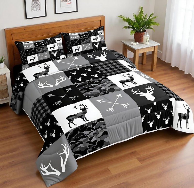 Deer Silhouette Comforter Set Queen Size,Camo Western Rustic Farmhouse Xmas Bedding Set 3pcs for Kids Teens Home Room Decor,Antlers Arrow Geometric Quilt Set,Black Grey Duvet Insert,2 Pillowcases