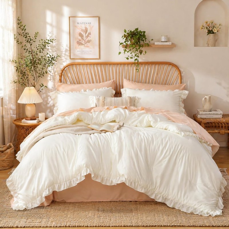 JANZAA Creamy White Comforter Set Queen – Soft Microfiber, Lightweight All Season Bedding, Ruffle Shabby Chic Aesthetic, Breathable Cozy Bed Set with 2 Pillow Shams, Machine Washable