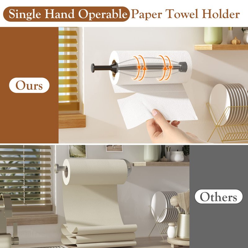 Paper Towel Holder Under Cabinet, Single Hand Operable Wall Mount with Damping Effect, Self-Adhesive or Drilled Paper Roll Holders for Kitchen, Bathroom, RV(2 Towel Robe Hooks)