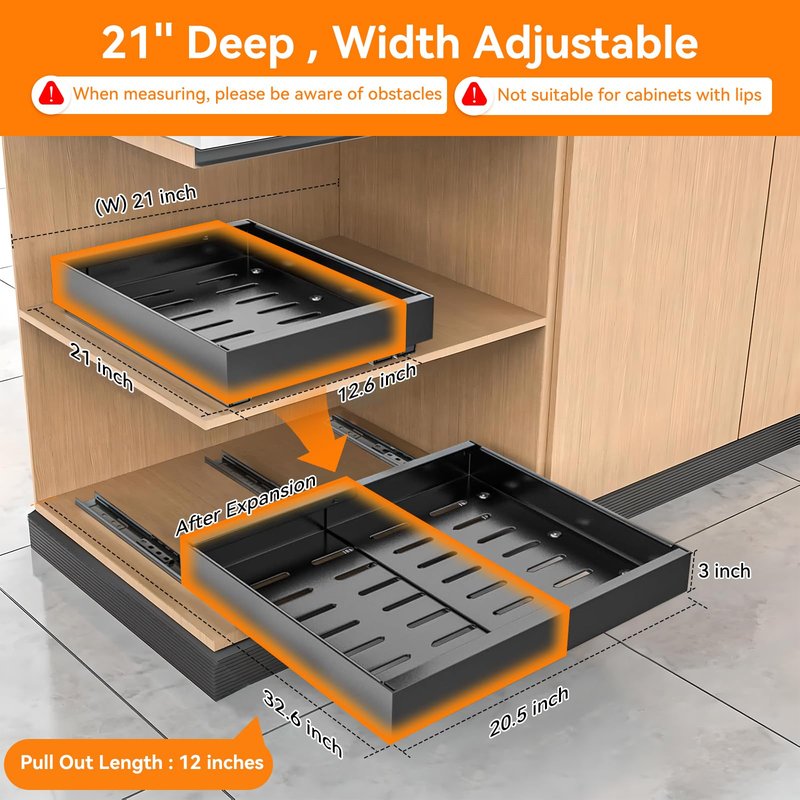 2 Pack 21'' Deep Pull Out Cabinet Organizer Expandable Width (12.6'' to 21'') Slide Out Drawers Pull Out Drawers Fixed with Adhesive Nano Film or Nail for Kitchen Bathroom Organization, Black
