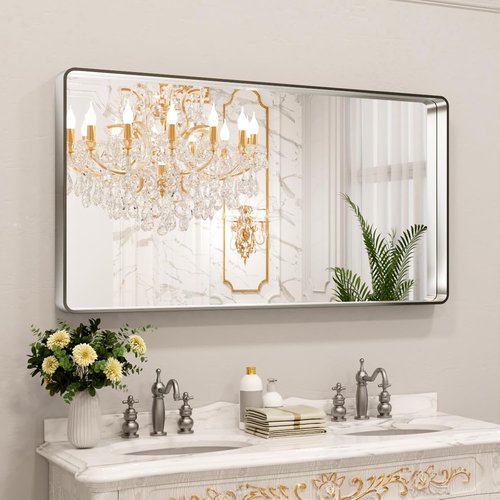 LOAAO Brushed Nickel Bathroom Mirror - 55x30 Inch Rounded Rectangle Design | Anti-Rust, Shatterproof, Versatile Hanging Options