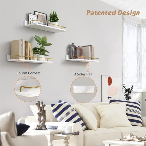 Forbena Gold Floating Shelves - Modern Wall Decor Set of 3 with Guard Rail | White and Gold Finish