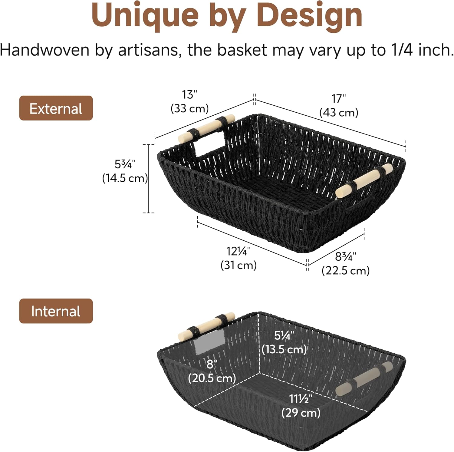 StorageWorks Large Wicker Storage Baskets - Organize with Style | Black, 2-Pack with Wooden Handles