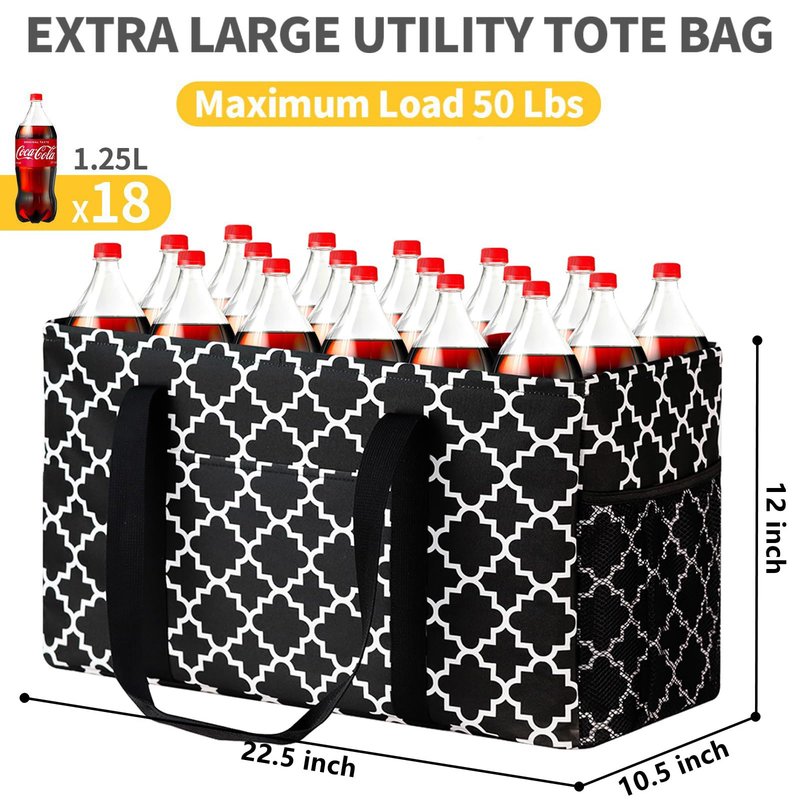 GhvyenntteS Extra Large Utility Tote Bag 2 Pack - Stand Up Utility Tote with Metal Wire Frame & Hard Bottom Board, Reusable Grocery Bags With Handles for Storage, Picnics, Beach, Laundry, Car, Camping