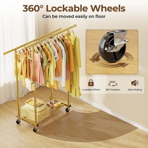 HYSEYY Double Rods Clothes Rack - Sturdy Portable Rolling Garment Rack for Bedroom & Laundry | Gold Finish