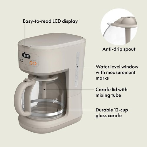 BELLA 12-Cup Programmable Coffee Maker - Easy LCD Display, Auto Shutoff, Reusable Accessories, Oatmilk