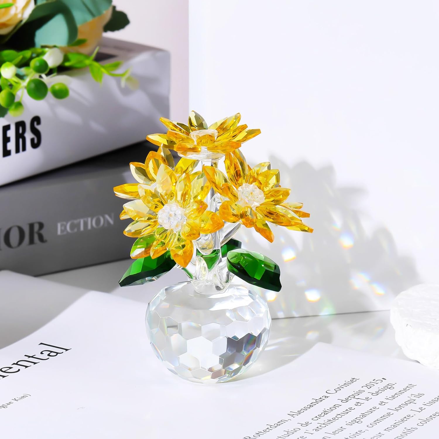 YWHL Handmade Yellow Crystal Flower Figurine - Elegant Glass Gift for Women | Perfect for Weddings & Holidays