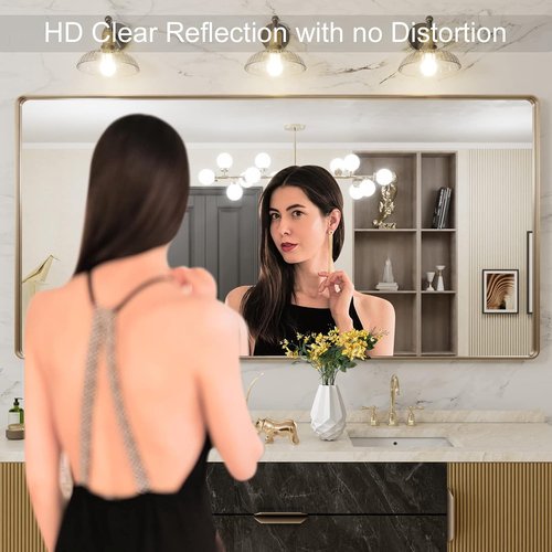 LOAAO Gold Bathroom Mirror - 72”X36” Rounded Rectangle Design | Anti-Rust Tempered Glass, Wall-Mounted
