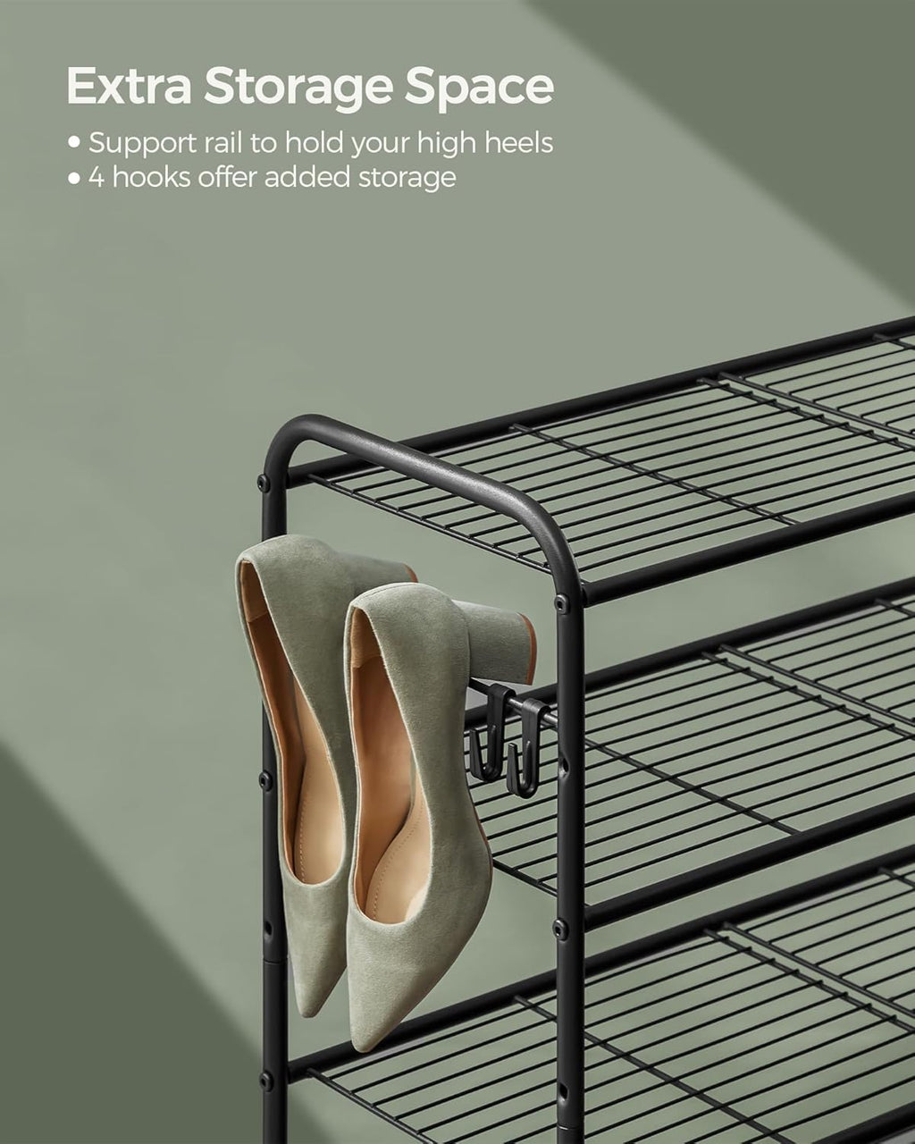 SONGMICS 3-Tier Shoe Rack - Height-Adjustable Metal Organizer with 4 Hooks | Holds 12 Pairs, Ink Black