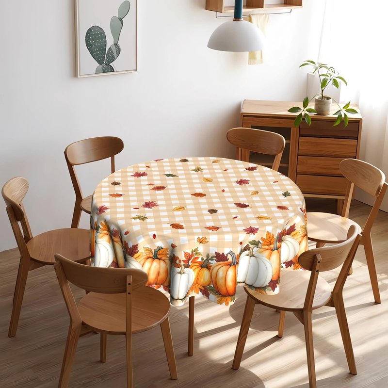 VentuCoven Pumpkin Table Cloth Fall Tablecloth 60 inch Maple Leaf Round Tablecloth for Kitchen Dining Circular Table Orange Buffalo Plaid