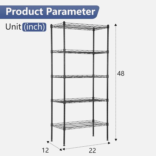 FDW Adjustable 5-Tier Pantry Shelves - Metal Storage Rack for Kitchen & Garage | Black, 22L x 12W x 48H