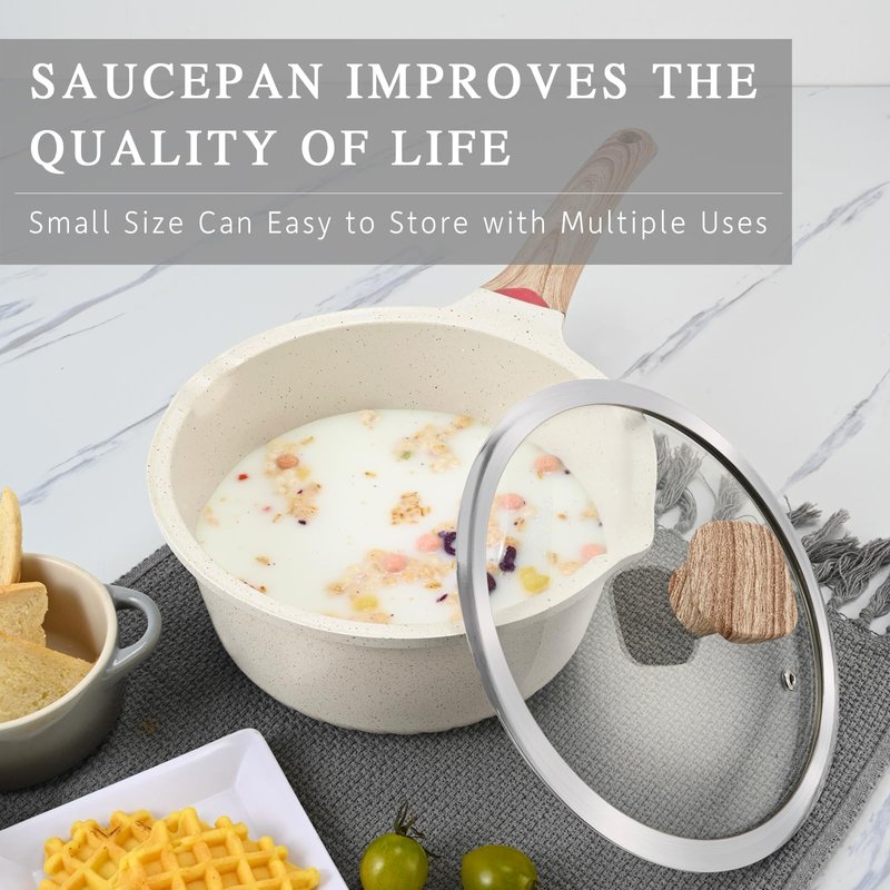 VINCHEF Nonstick Saucepan with Lid, 3QT Sauce Pan with Stay Cool Handle, Non Stick Small Cooking Pots Induction pot, Dishwasher Safe, Compatible for All Stove Top, PFAS and PFOA Free White