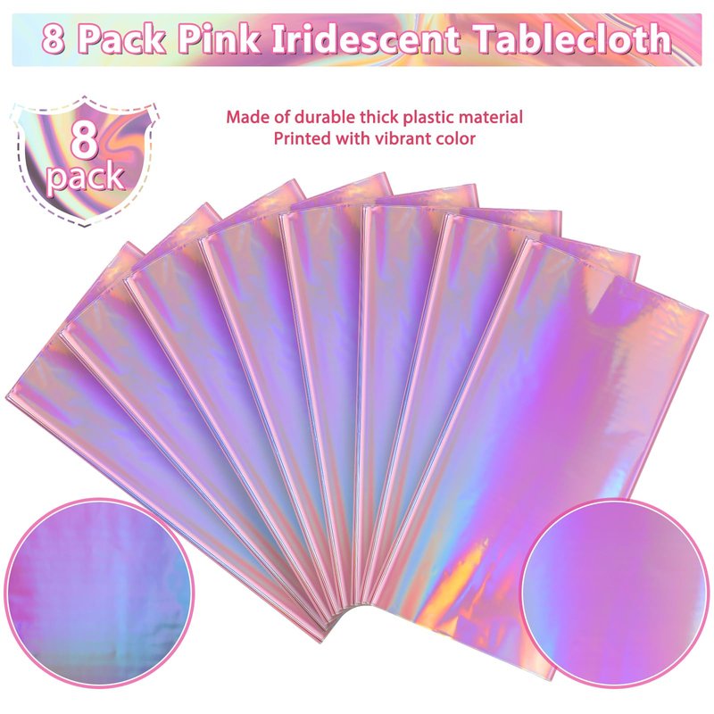 8 Pack Iridescent Pink Plastic Tablecloths, FunnyPars Shiny Disposable Laser Rectangle Table Covers, Holographic Foil Tablecloth Iridescent Party Decorations for Kpop Birthday Wedding Xmas, 54x108Inch