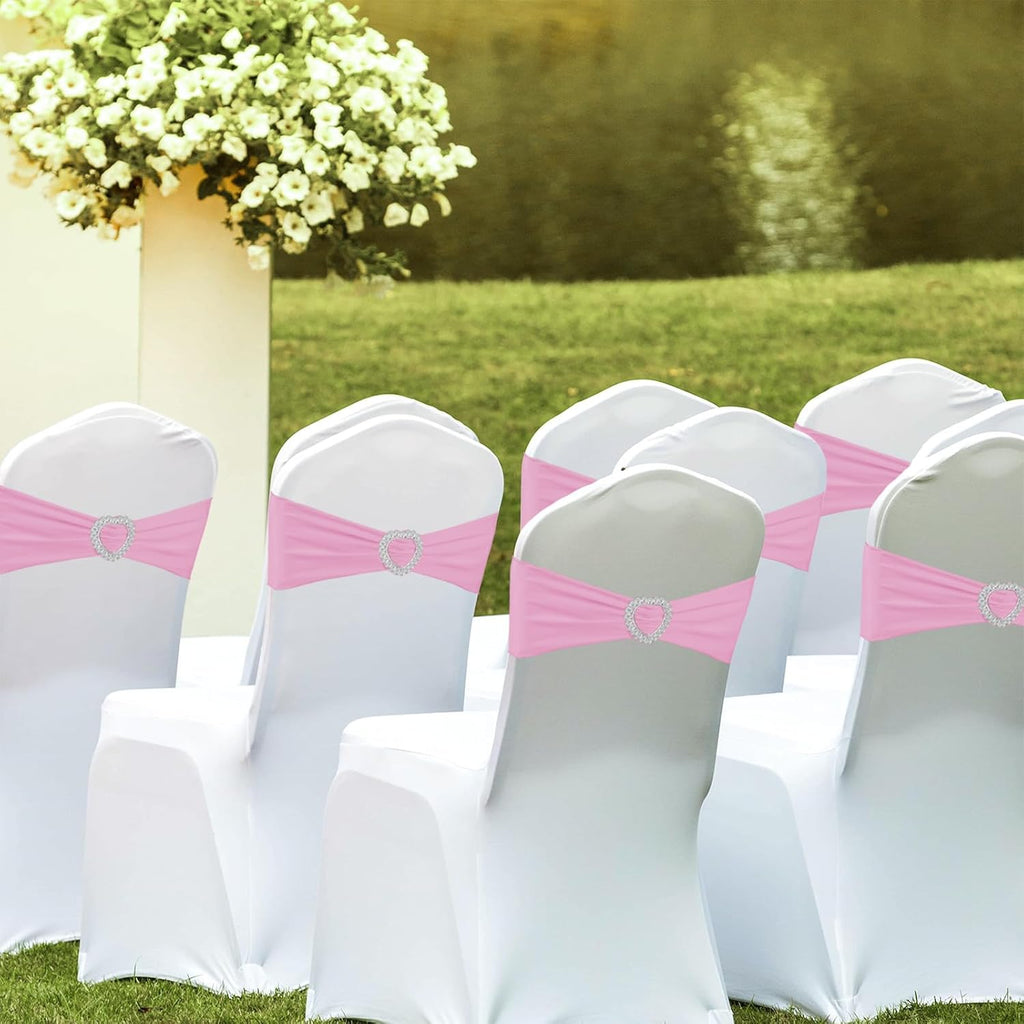 Skiennix Spandex Stretch Chair Sashes - 100PCS Universal Elastic Covers with Buckle Slider | Pink