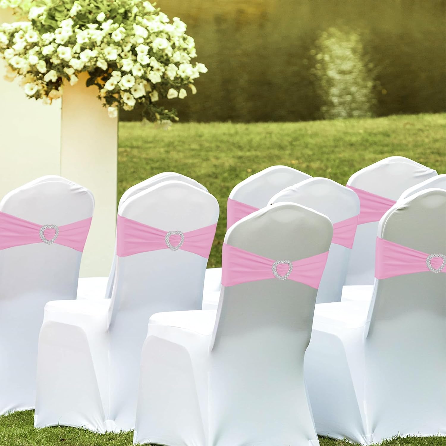 Skiennix Spandex Stretch Chair Sashes - 100PCS Universal Elastic Covers with Buckle Slider | Pink