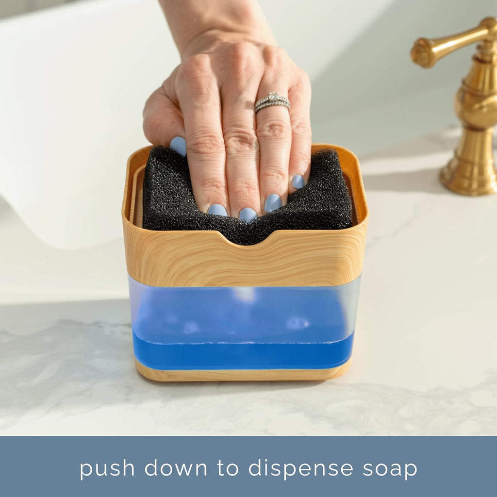 S&T INC. Dish Soap Dispenser - Waterproof Labels & Sponge Holder, 13 Oz Plastic & Bamboo