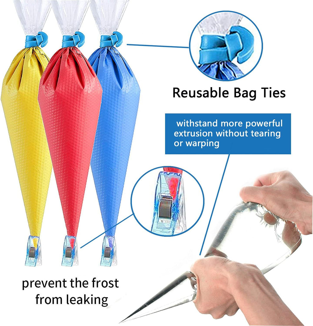 Tipless Piping Bags by 122Pieces - 100 Disposable Pastry Bags for Icing & Cookie Decorating - Includes 10 Ties, 10 Clips & 2 Scriber Needles - Ideal for Cakes & Cookies (10 Inch)