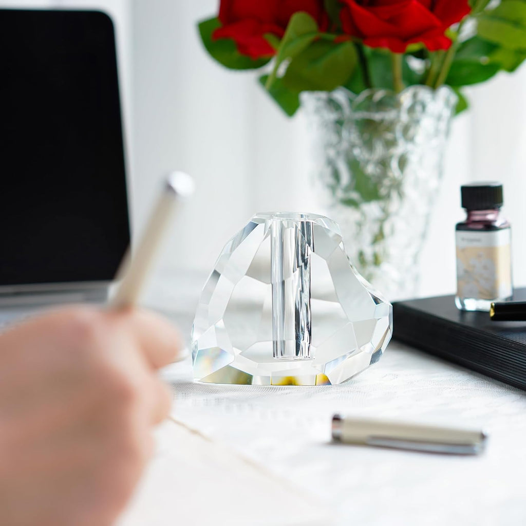 QFkris Crystal Heart Shaped Pen Holder - Elegant Glass Feather Desk Organizer | 3.5" Decorative Stand for Office