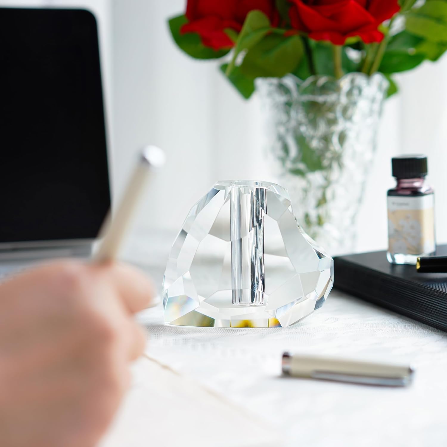QFkris Crystal Heart Shaped Pen Holder - Elegant Glass Feather Desk Organizer | 3.5" Decorative Stand for Office