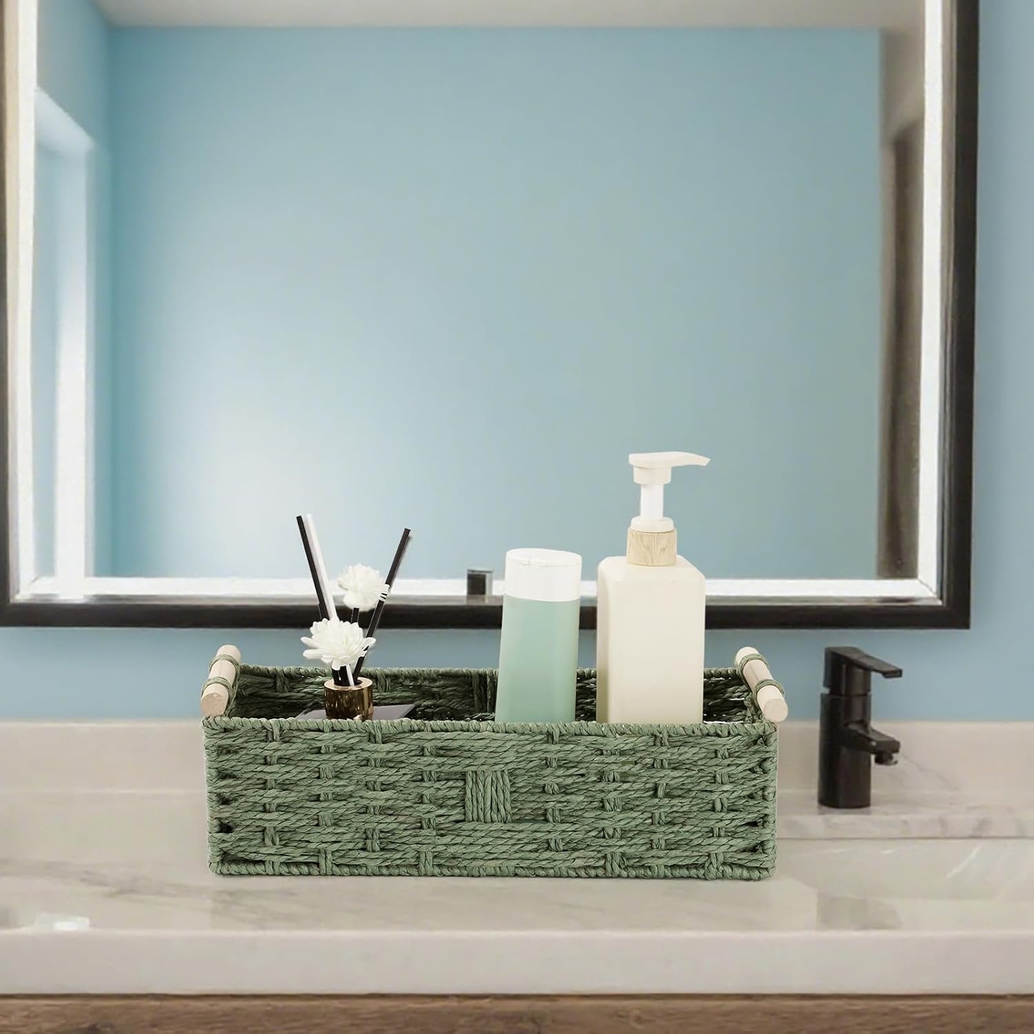 Skiennix Toilet Paper Storage Basket - Decorative Wicker Design with Wooden Handles | Green Paper Rope for Bathroom Decor