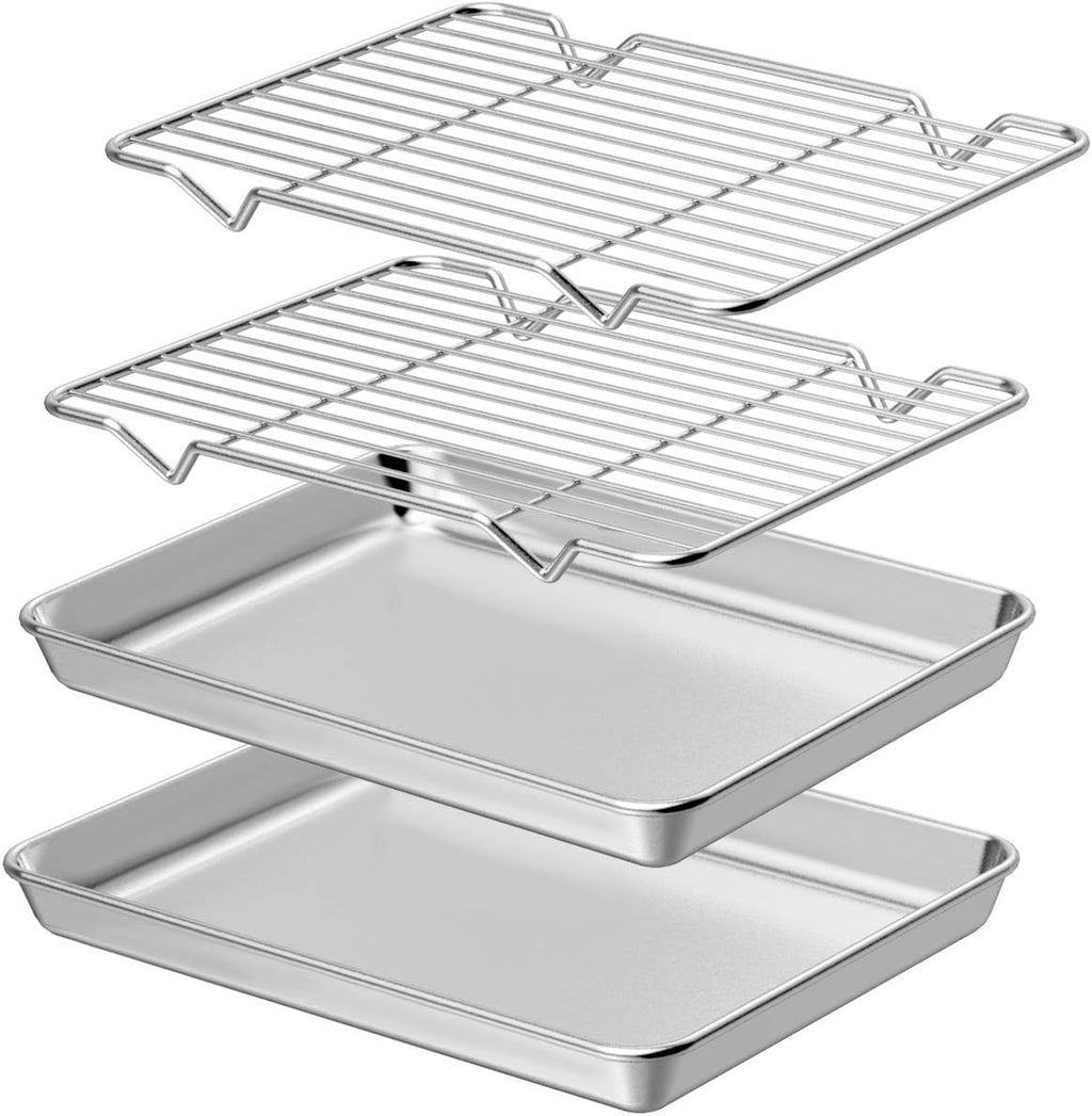Wildone Baking Sheet Set - Stainless Steel Cookie Pans with Cooling Racks | 2 Sheets & 2 Racks, 9 x 7 x 1 Inch, Non-Toxic & Easy to Clean