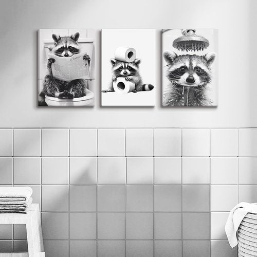 DCMVJHZV Funny Bathroom Wall Art - Cute Raccoon Canvas Decor | Black & White Farmhouse Prints (12"x16", Set of 3)