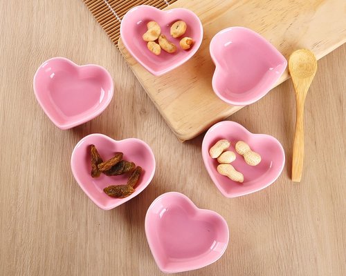 WHJY Pink Love Heart Shaped Ceramic Bowl Set of 6, Contemporary Porcelain Side Dishes, Seasoning & Soy Dipping Sauce Bowls for Wedding & Birthday Party
