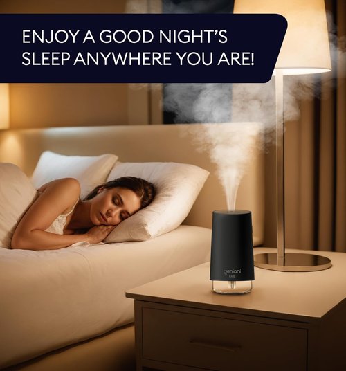 GENIANI Portable Cool Mist Humidifier - USB Powered Desktop Humidifier for Office & Baby Room | Auto Shut Off, Night Light, Black, 0.25L