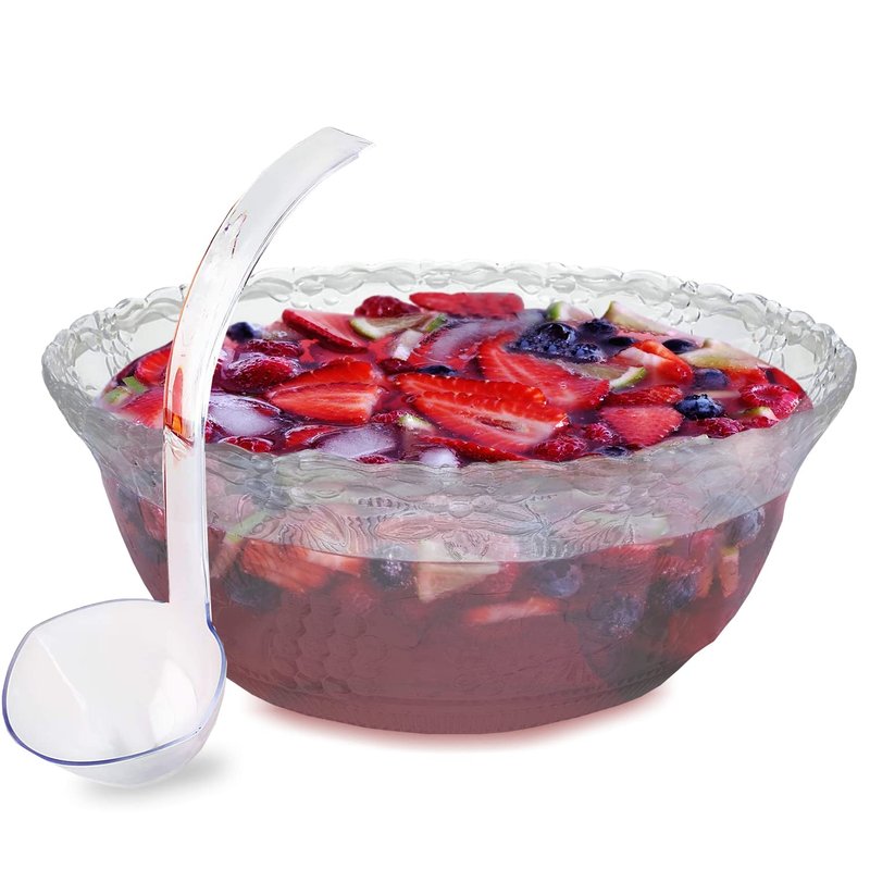 Plastic Punch Bowl with Ladle – Clear Punch Plastic Bowls – BPA Free Recyclable Punch Set of Bowl and 5 oz. Ladle – Embroidered Punch Bowl with Serving Ladle for Parties