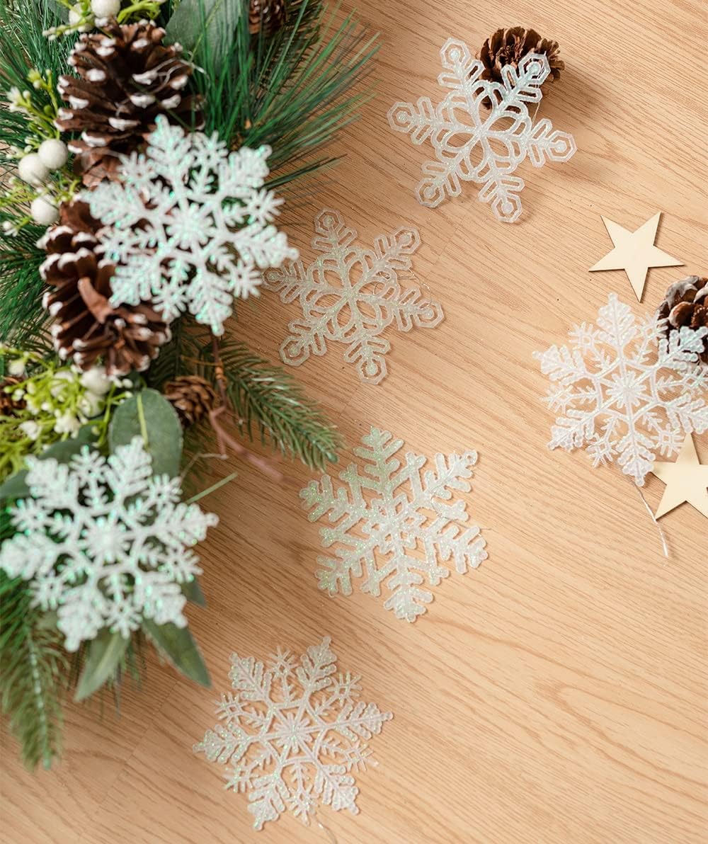 Skiennix 48pcs Pre-Strung White Snowflake Ornaments - Iridescent Glitter Christmas Tree Decor