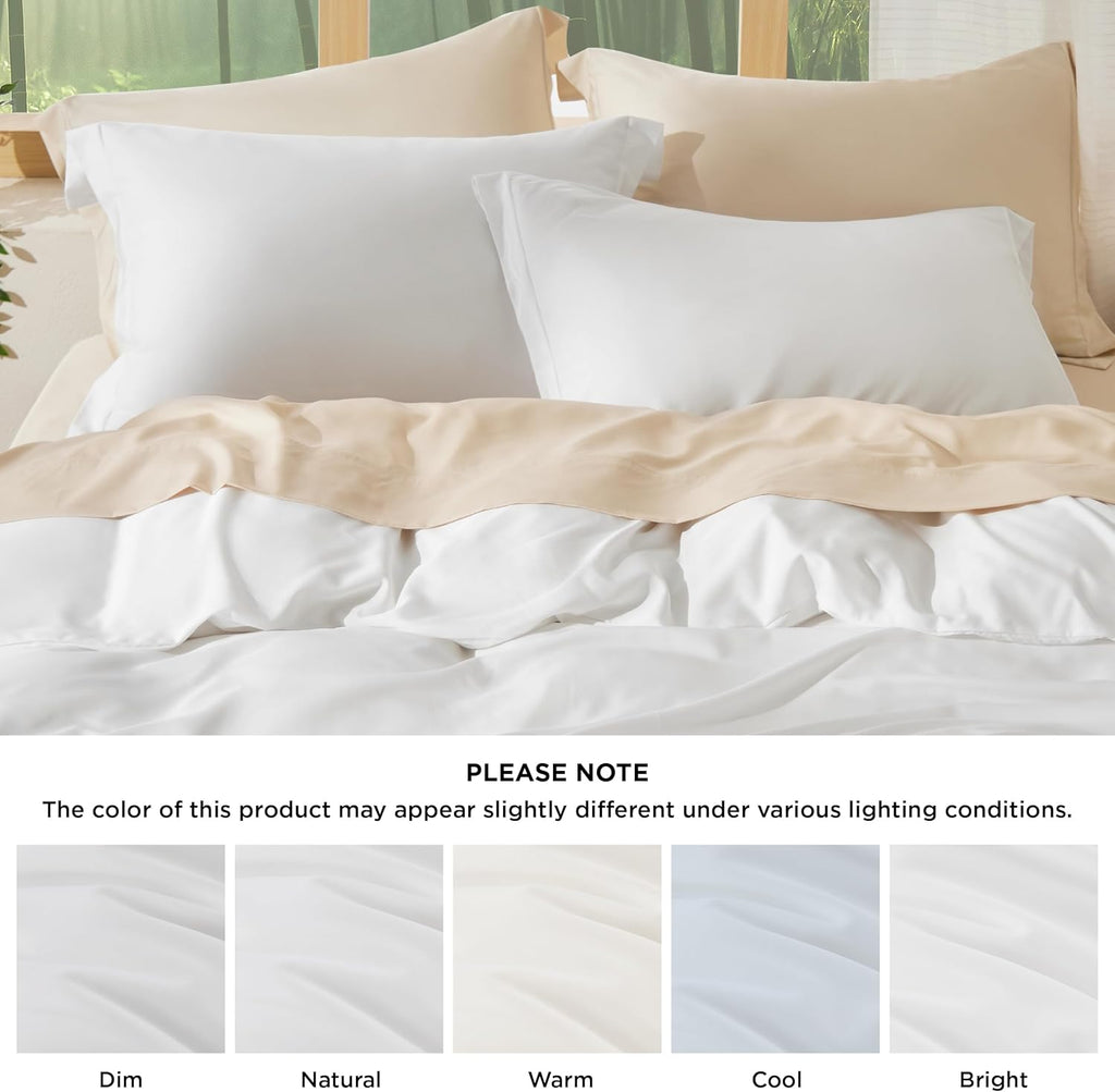 Bedsure 100% Viscose Bamboo Duvet Cover - Lightweight Cooling Comforter Set for Hot Sleepers | Queen Size, Pure White