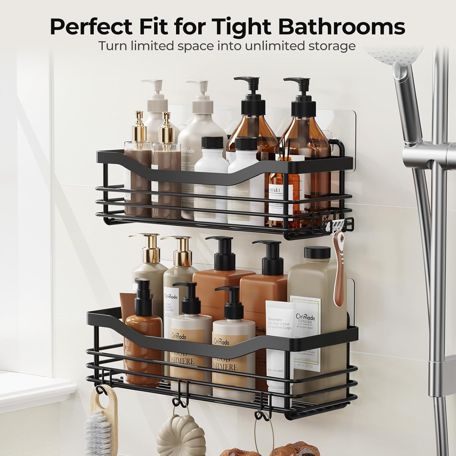 Orimade Adhesive Shower Caddy Shelf - Rust Resistant Wall Mounted Organizer with 5 Hooks | 2 Pack, Black