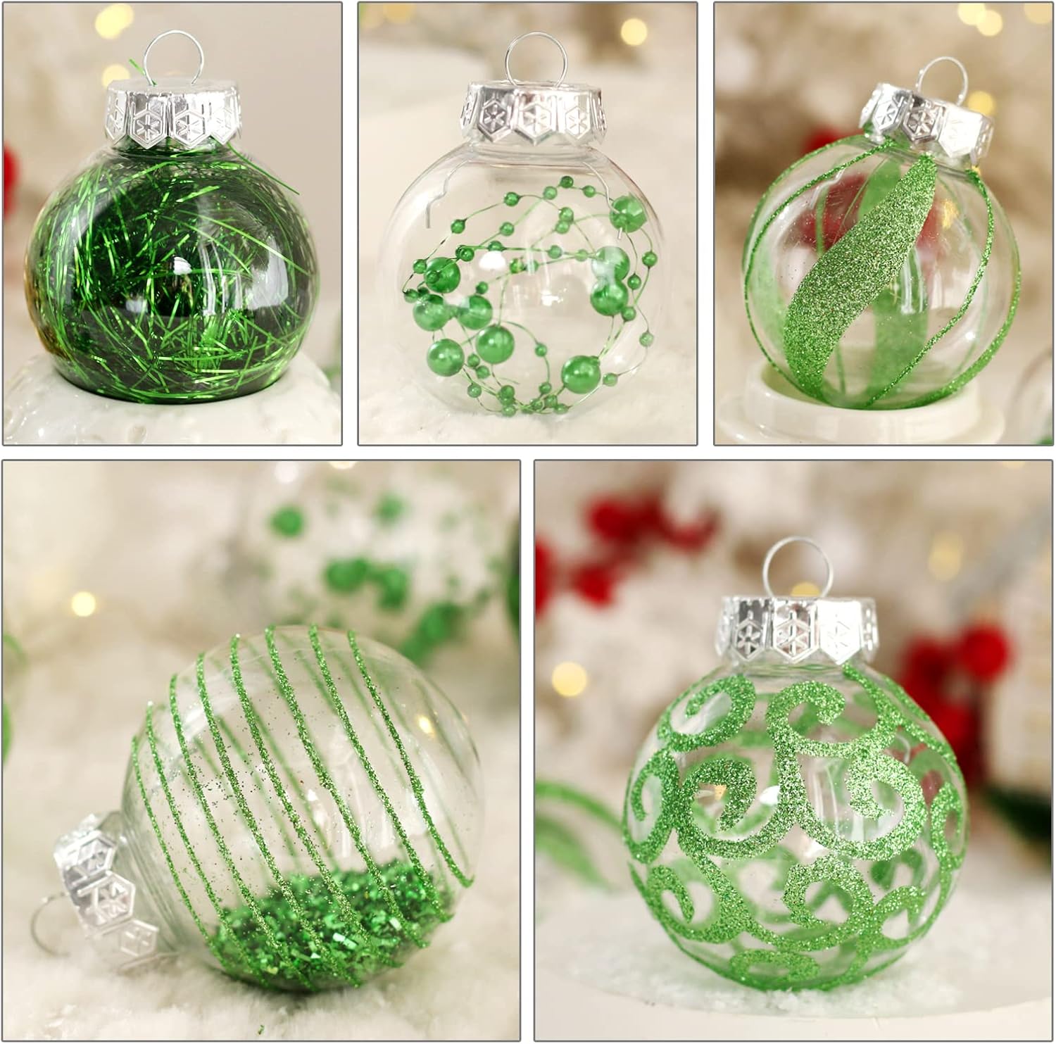 Skiennix Christmas Ornaments Set - 30pcs Shatterproof Green & Clear Decorative Baubles for Holiday Decor