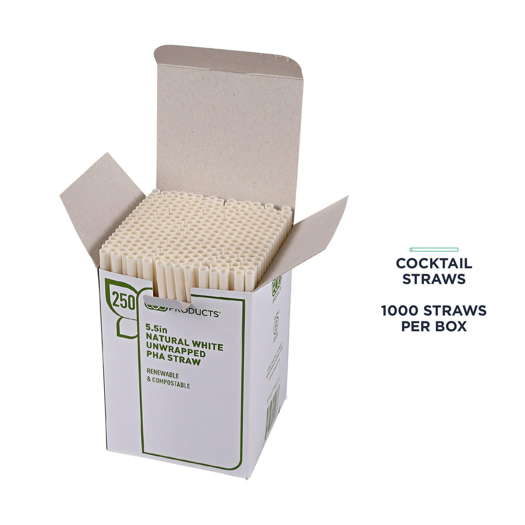 Eco-Products Compostable Plastic Straws, 5.5" Long, 6mm Diameter, Case of 2500, Natural White Disposable Plant Based PHA Plastic, Standard Sized Drinking Straws, ASTM Compliant, BPI-Certified