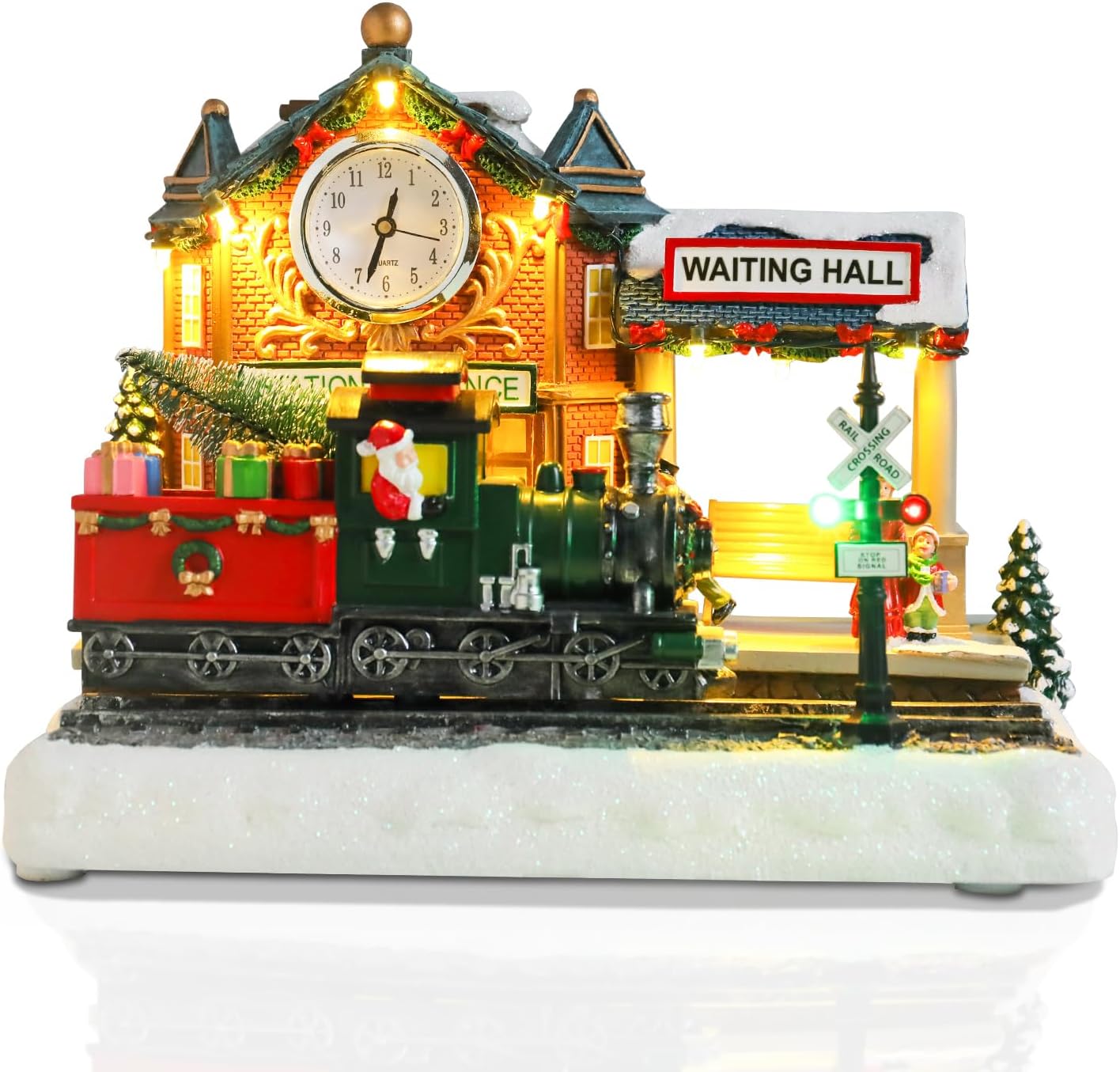 VCUTEKA Lighted Animated Christmas Village Train Station | Musical Santa Decor for Holiday Display