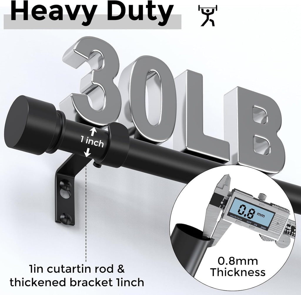 VOIIY Heavy Duty Curtain Rods - Adjustable 66 to 120 Inch, Black 1'' Diameter with Modern End Caps
