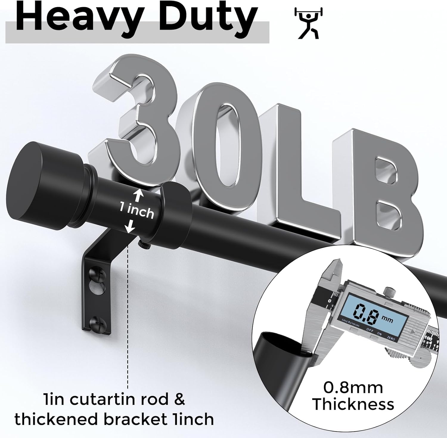 VOIIY Heavy Duty Curtain Rods - Adjustable 66 to 120 Inch, Black 1'' Diameter with Modern End Caps