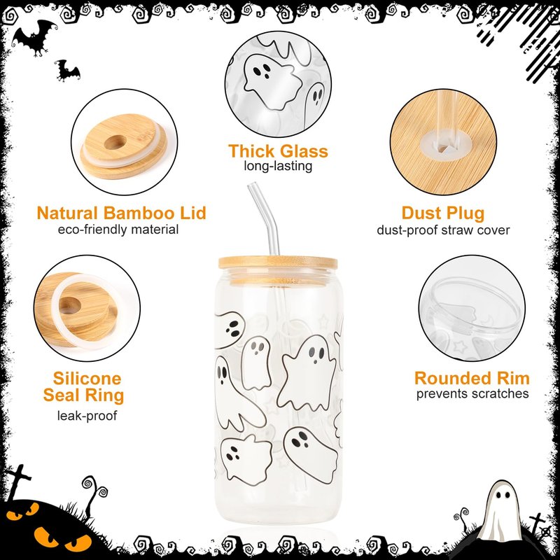 Halloween Pumpkin Ghost Glass Cup with Lids and Straws, 16 oz Glass Tumbler, Spooky Iced Coffee Mug for Smoothie, Cute Halloween Gifts for Women, Girls - Boo Basket Stuffers, Spooky Gifts for Teens