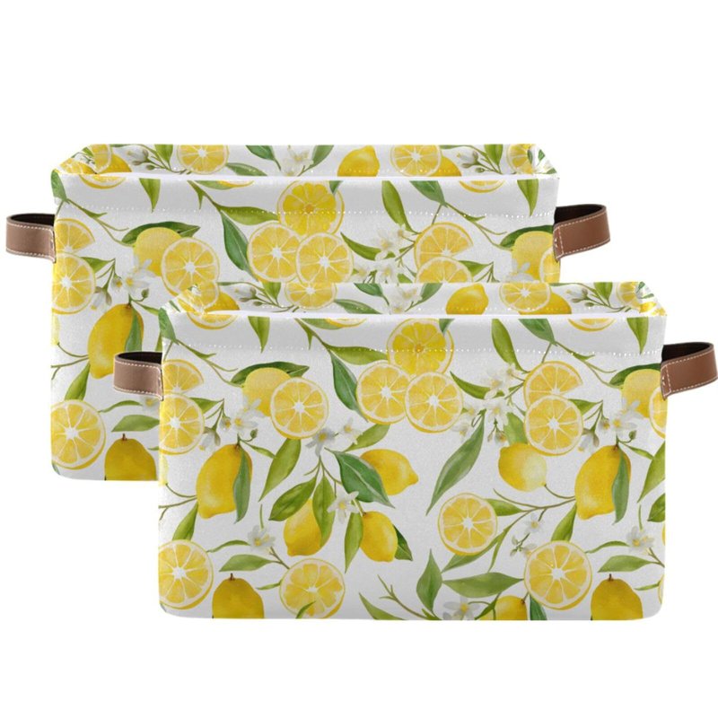 MNSRUU Storage Basket Lemon Floral Collapsible Organizer Basket with PU Handles, Waterproof Nursery Laundry Basket Large Capacity