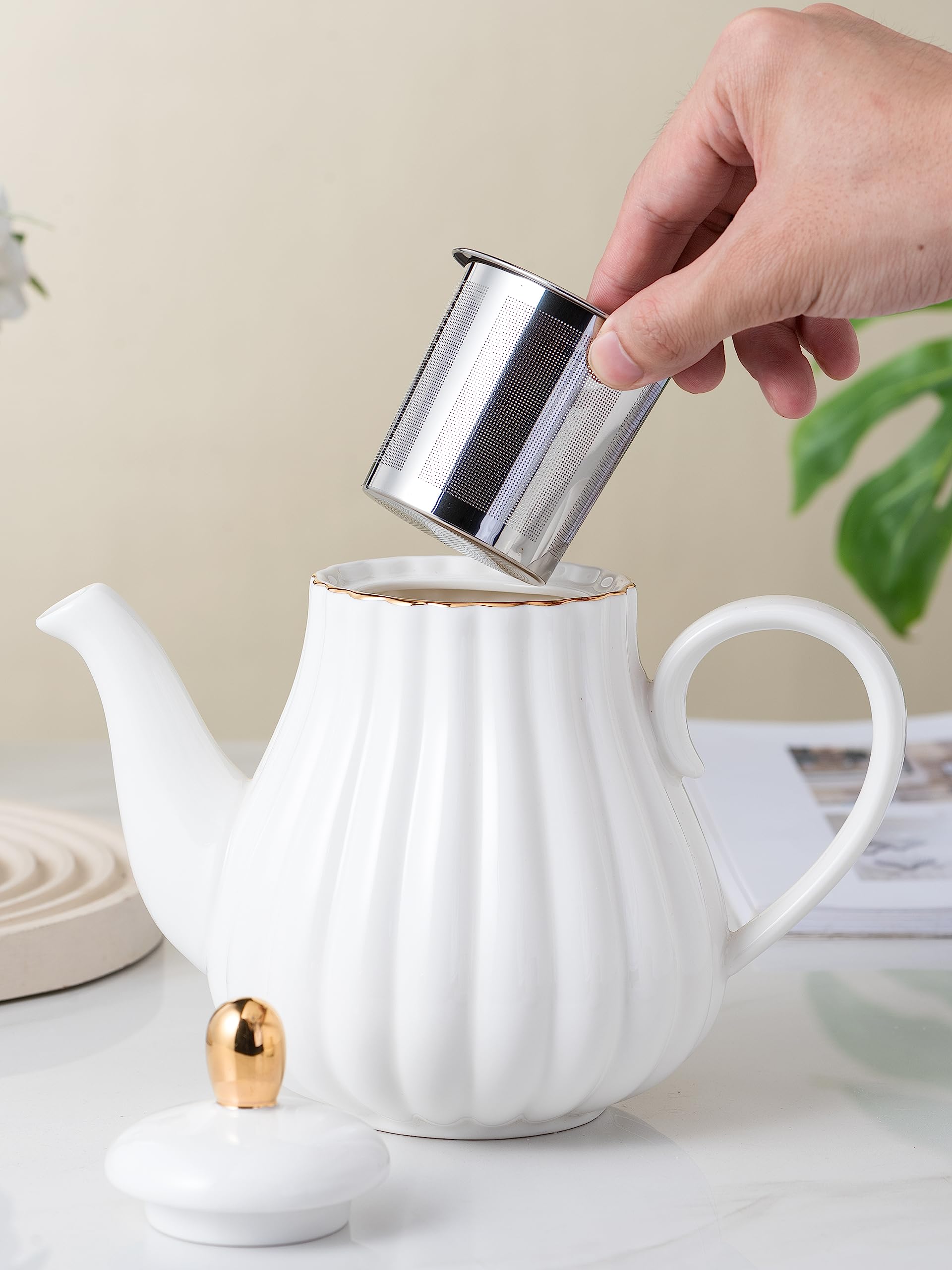 CLAY TONIC-- 8 OZ Fine China White Coffee Cup/Teacup Set, Cups & Saucer, with Teapot-Sugar Bowl-Cream Pitcher Teaspoons and tea strainer for Tea/Coffee,17-Pieces- Service for 4 (White)