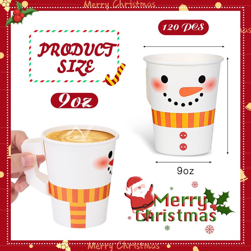 Zhehao 120 Pcs 9 oz Christmas Espresso Paper Cups with Handles Christmas Cups Disposable Tea Cups Disposable Coffee Mugs for Kids Adults Beverage Holiday Xmas Party Supplies (Snowman)