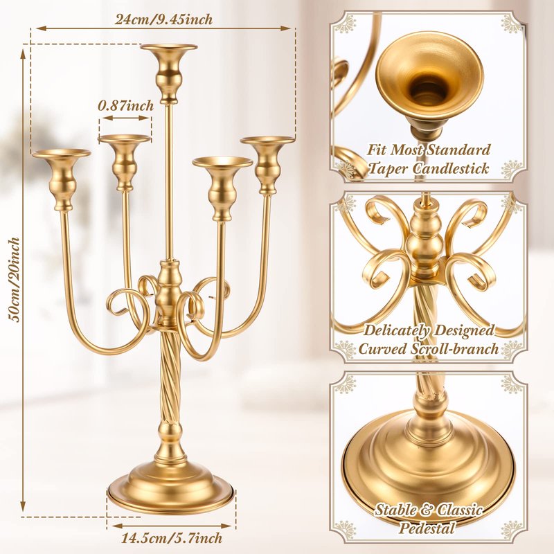 Rtteri 6 Pcs Gold Candelabra Candlestick Holder Metal Candle Stand Candelabra for Taper Candles Table Centerpieces Wedding Christmas Holiday Birthday Party (9.5 x 9.5 x 19.7 Inch,3 Arm)