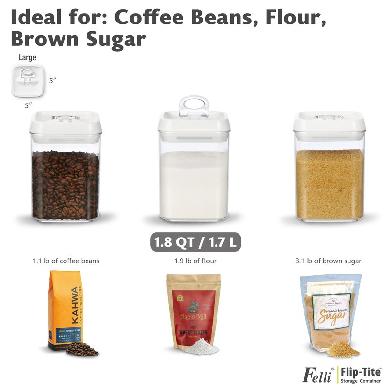 Felli Flip Tite Storage Container with Built-In Spoon & Airtight Lid 5” Large-M Ring Flip Top, Stackable Acrylic Canister for Sugar Flour Powder, Kitchen Pantry Organizer (1.8qt), 2 spoons