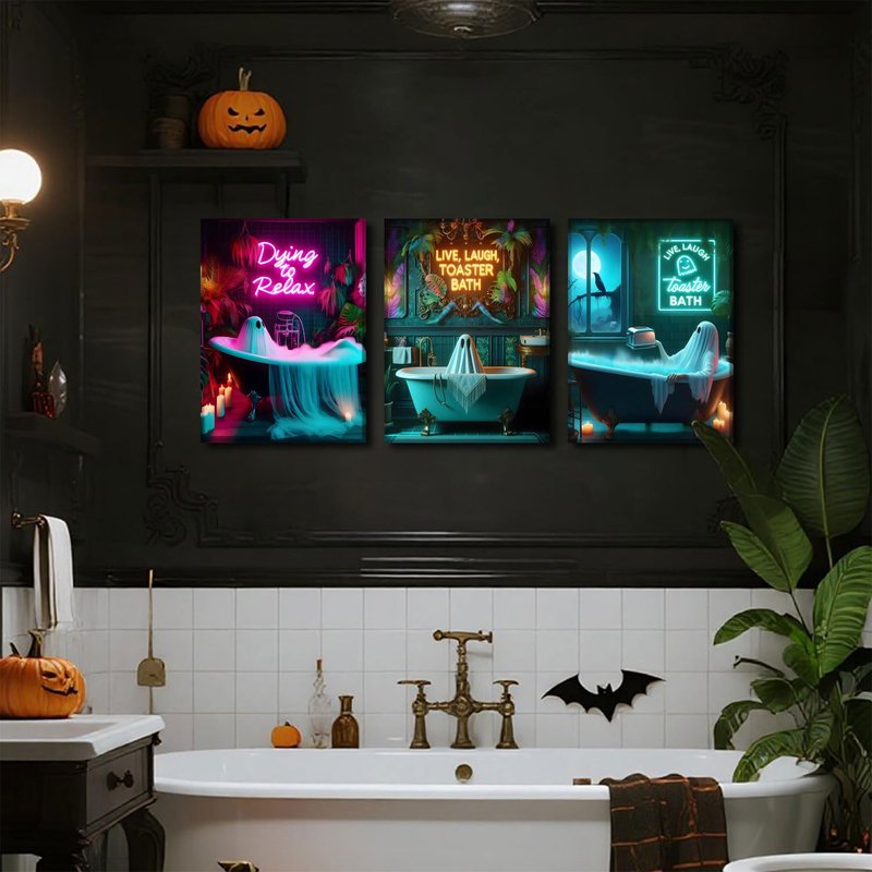 3 Pcs Framed Halloween Ghost Neon Bathroom Canvas Wall Art Neon Sign Dying To Relax Wall Decor Pictures Funny Gothic Ghost Toaster Posters Prints for Restroom Dark Humor indie room Home Decortion