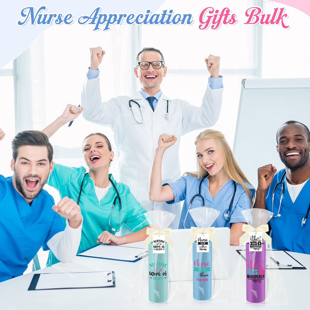 Jinei 12 Sets Nurse Appreciation Gifts Bulk, 16 oz Thank You Nurse Tumblers with Lids and Straws, Positive Cards with Bowknot for Women Men Holiday Office Party Favor(Elegant)