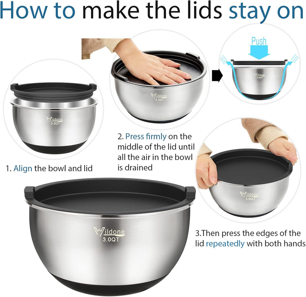 Wildone Mixing Bowls - Stainless Steel Nesting Set of 5 with Airtight Lids & Non-Slip Bottoms | 1.5-8 QT
