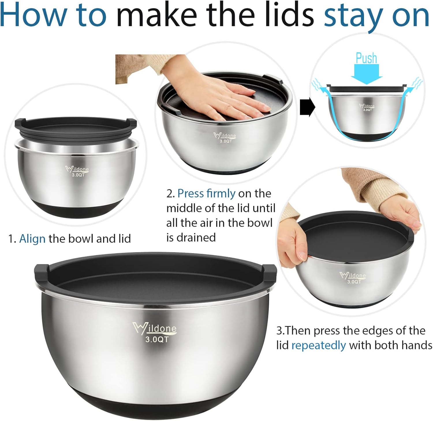 Wildone Mixing Bowls - Stainless Steel Nesting Set of 5 with Airtight Lids & Non-Slip Bottoms | 1.5-8 QT